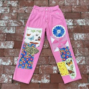 Vintage upcycled patchwork wrangler pink jeans Colorful retro